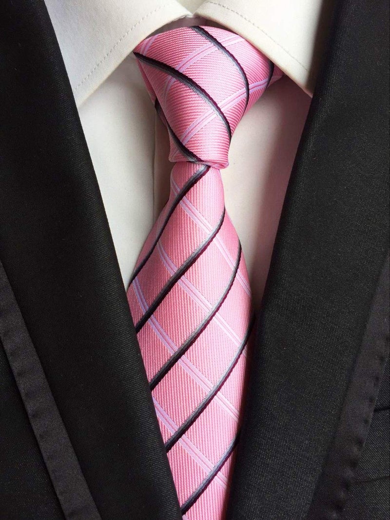 Ctskyte Men's Stripe Pink Checks Plaids Silk Tie Groomsmen Wedding Necktie Birthday Gift - Image 2